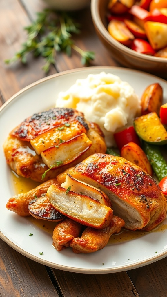 Crispy oven baked chicken thighs served with roasted vegetables and mashed potatoes on a rustic table.